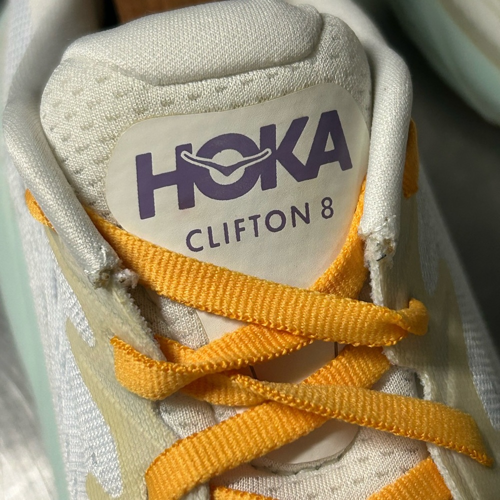 Hoka Women's White Sneakers with Yellow Laces and Purple Logo - Picture 8 of 11